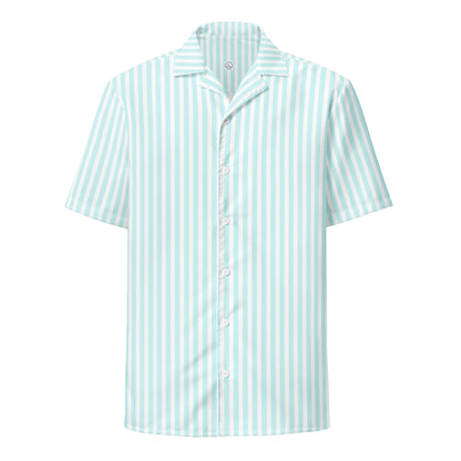 Good Wishes 365 all-over print light blue and white candy stripe short sleeve button-up shirt with a camp collar and UPF50+ protection.