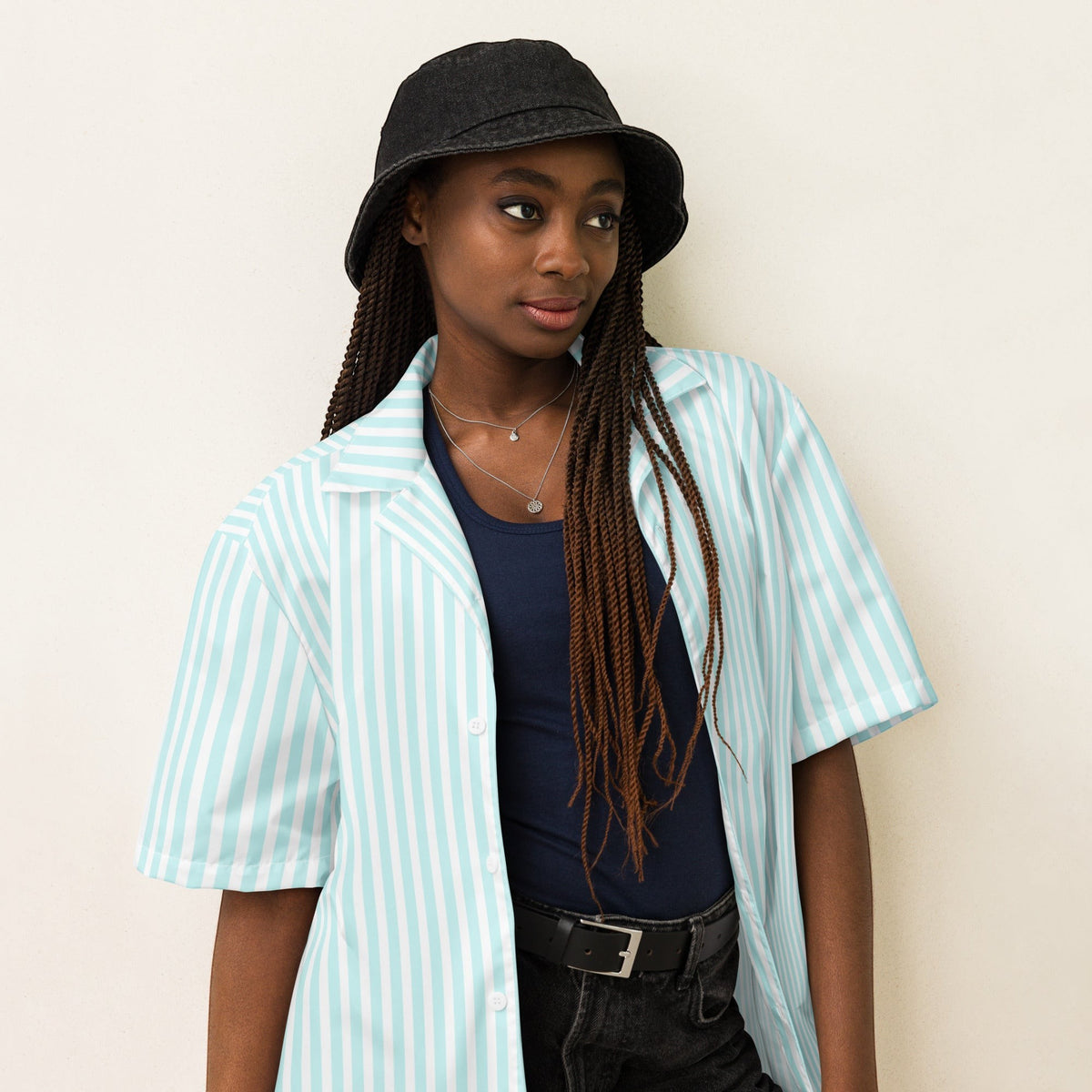 Good Wishes 365 all-over print light blue and white candy stripe short sleeve button-up shirt with UPF50+ protection on a model