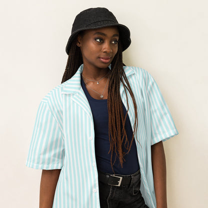 Good Wishes 365 all-over print light blue and white candy stripe short sleeve button-up shirt with UPF50+ protection on a model