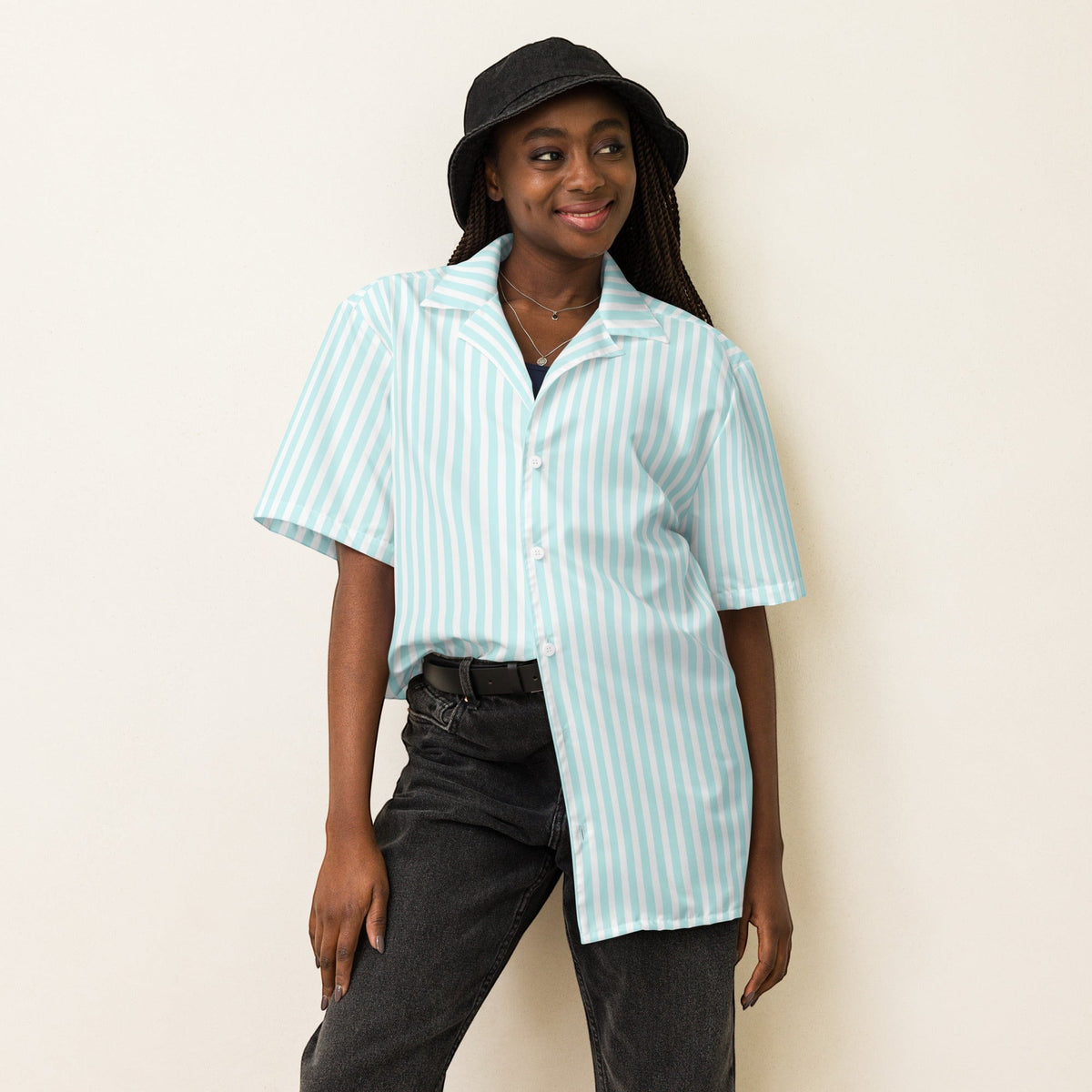 Good Wishes 365  all-over print light blue and white candy stripe short sleeve button-up shirt with UPF50+ protection on a smiling model.