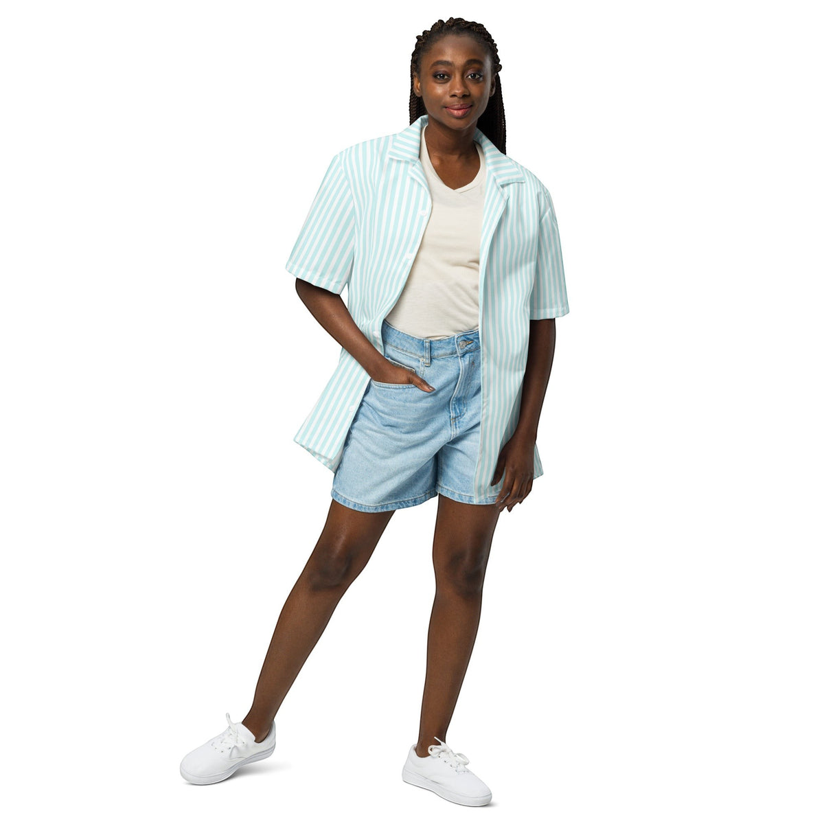 Good Wishes 365 all-over print light blue and white candy stripe short sleeve button-up shirt worn by a woman with denim shorts
