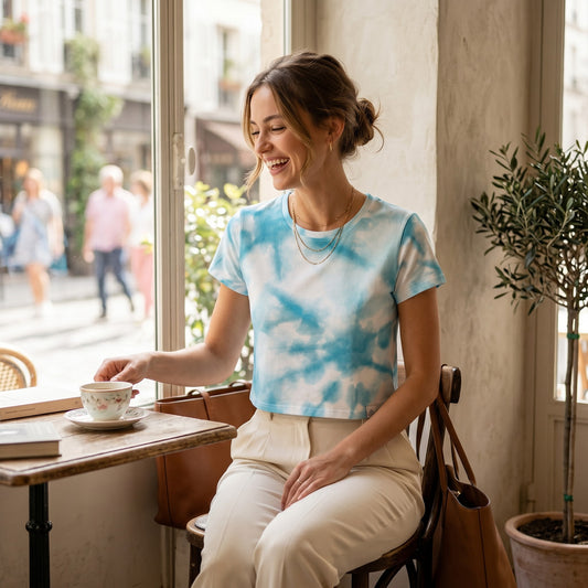 Good Wishes 365 light blue tie-dye crop tee worn by a smiling woman sitting at a cafe table with a cup of coffee.