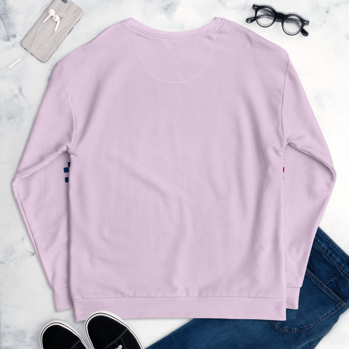 Good Wishes 365 light violet-lavender recycled unisex sweatshirt with a plain back view on a flat lay background.
