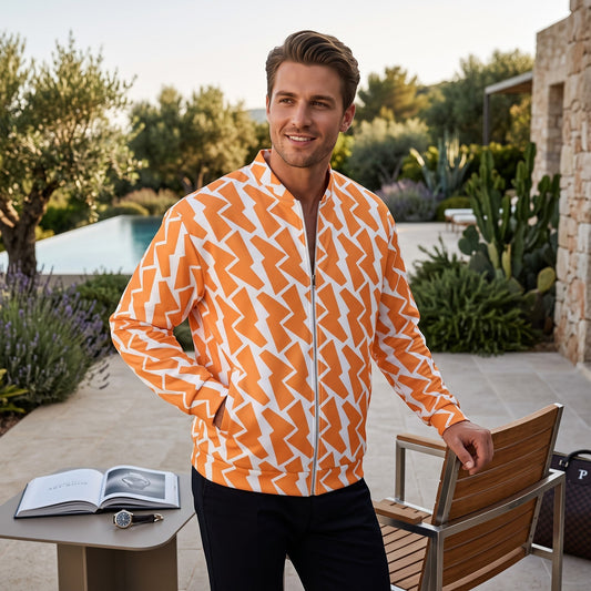 Good Wishes 365 unisex bomber jacket with orange and white lightning bolt print, featuring a silver zipper and pockets.