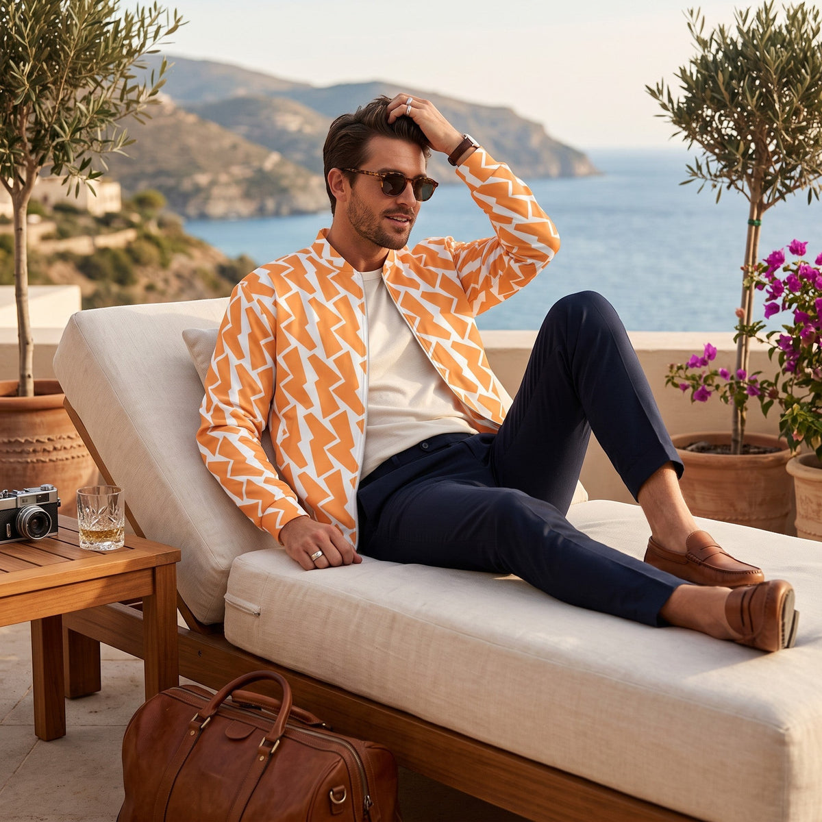 Good Wishes 365 unisex bomber jacket with orange lightning bolt print, worn by a man on a coastal lounge chair.