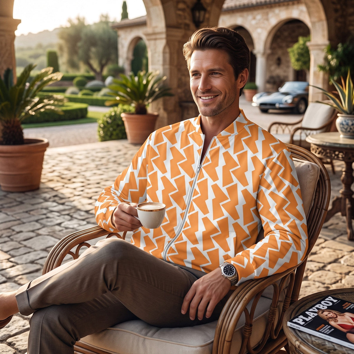 Man wearing a Good Wishes 365 bomber jacket with an orange and white lightning bolt print, sitting on a patio.