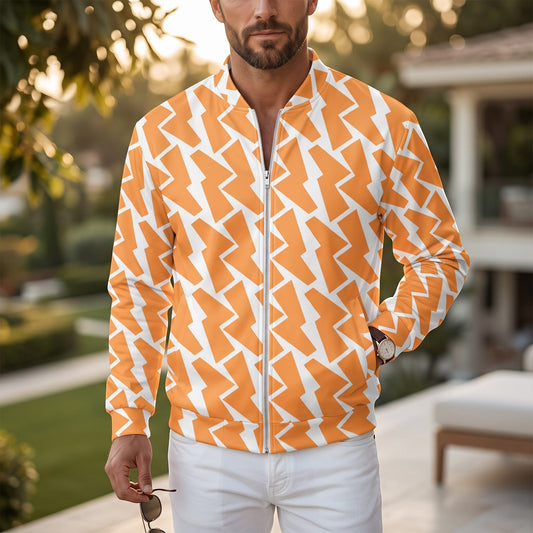 Good Wishes 365 unisex bomber jacket with orange and white lightning bolt print, featuring ribbed cuffs and front zipper