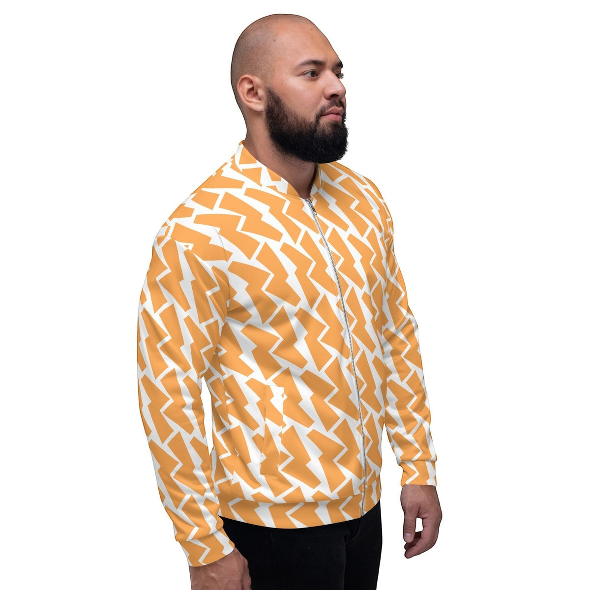 Good Wishes 365 unisex bomber jacket with an orange and white lightning bolt print worn by a bearded man in profile