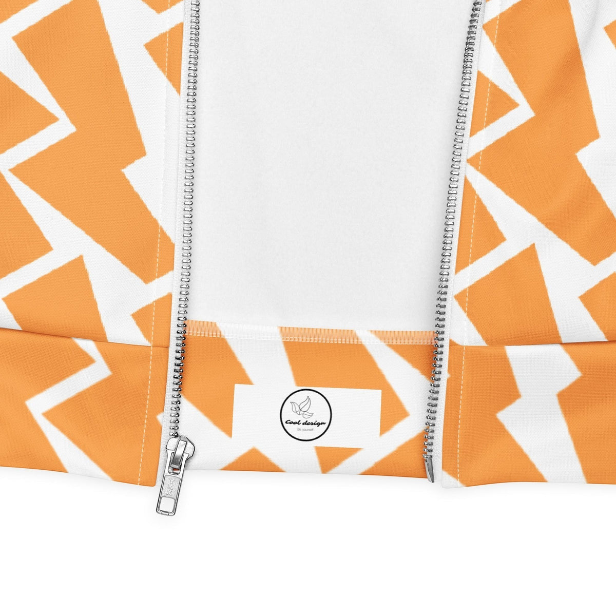 Good Wishes 365 unisex bomber jacket featuring an orange and white lightning bolt print with a silver front zipper