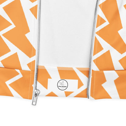 Good Wishes 365 unisex bomber jacket featuring an orange and white lightning bolt print with a silver front zipper