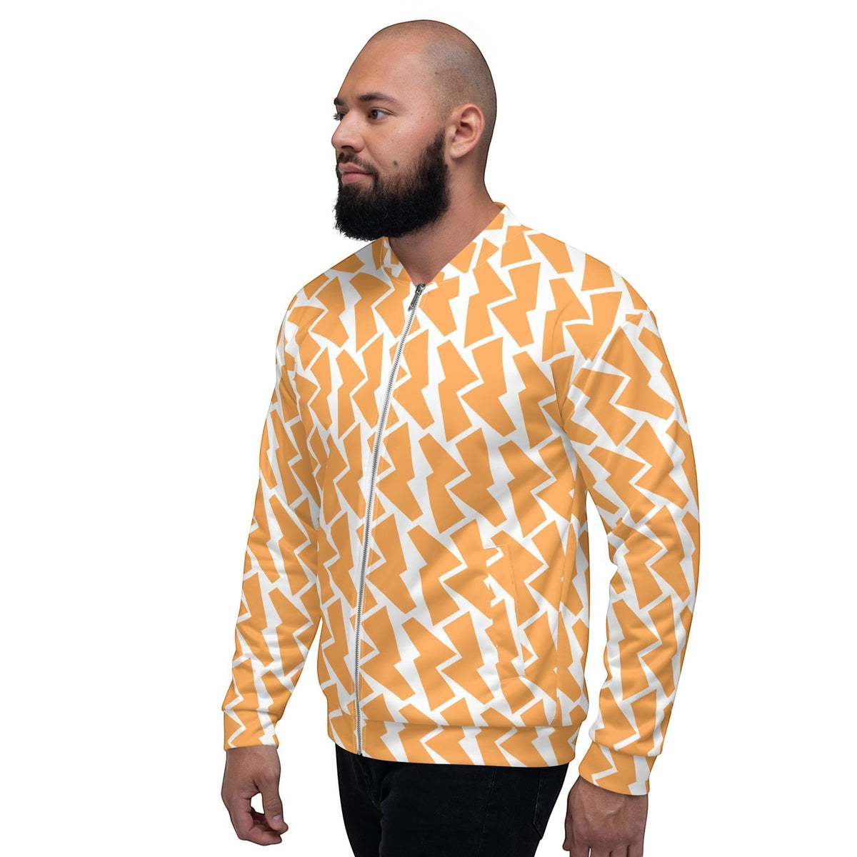 Good Wishes 365 unisex bomber jacket with an orange and white lightning bolt print worn by a bearded man.
