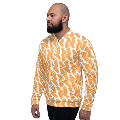 Good Wishes 365 unisex bomber jacket with an orange and white lightning bolt print worn by a bearded man.