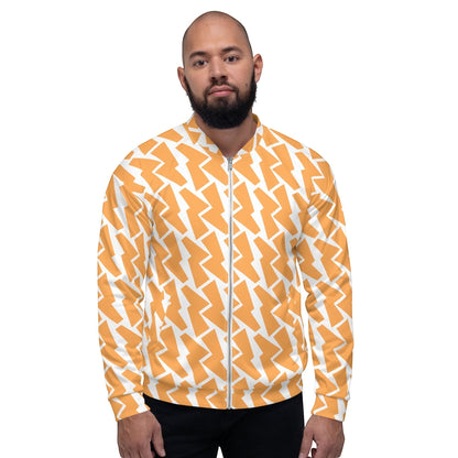 Good Wishes 365 unisex bomber jacket with an orange and white lightning bolt print worn by a man.