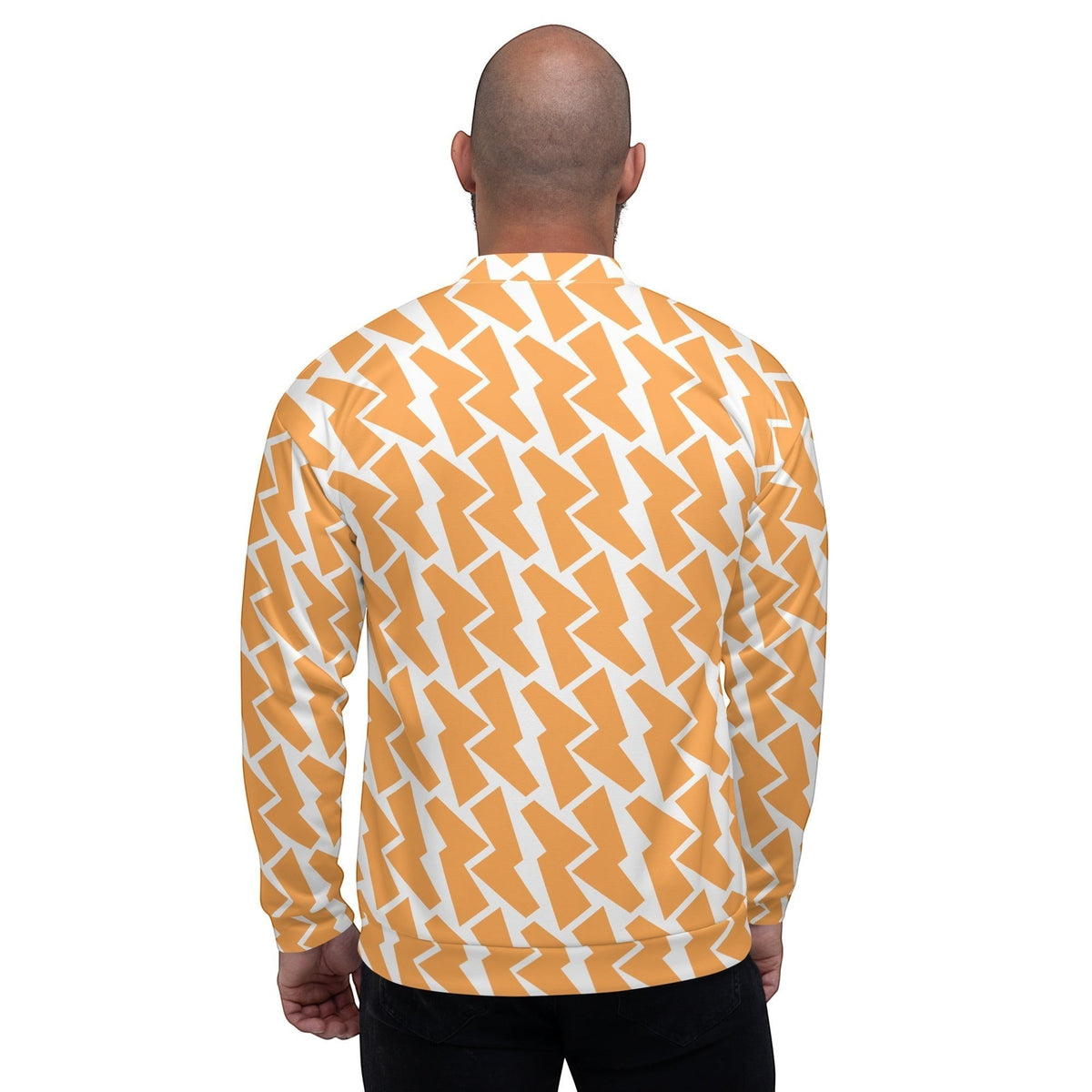 Good Wishes 365 unisex bomber jacket featuring an orange and white lightning bolt all-over print, back view.