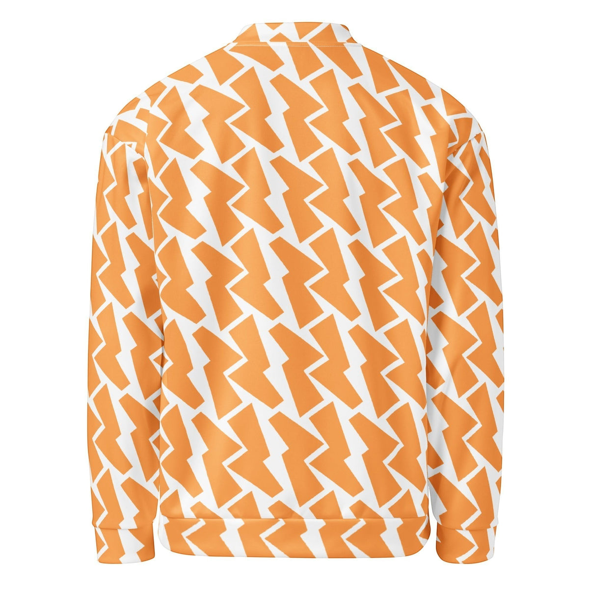 Good Wishes 365 unisex bomber jacket featuring an all-over orange and white lightning bolt print, back view.
