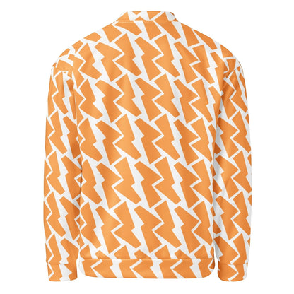 Good Wishes 365 unisex bomber jacket featuring an all-over orange and white lightning bolt print, back view.