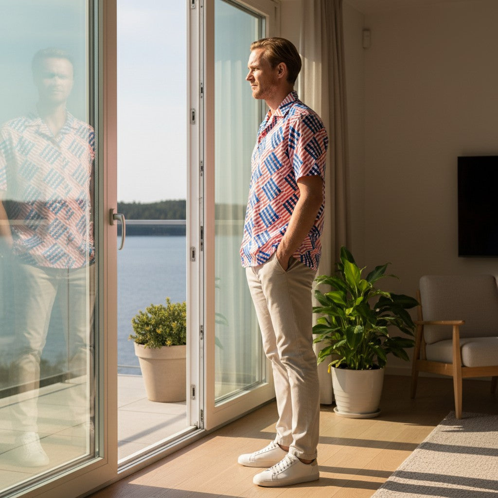 Good Wishes 365 men's oversized short-sleeve button shirt with red and blue love pattern, worn by a man indoors.