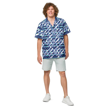 Good Wishes 365 men's mariner blue geometric patterned short sleeve button down shirt worn with light grey shorts.