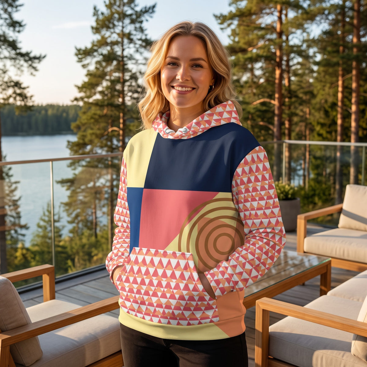 Good Wishes 365 recycled hoodie with 80s Memphis geometric print in navy, coral, and yellow worn by a smiling woman
