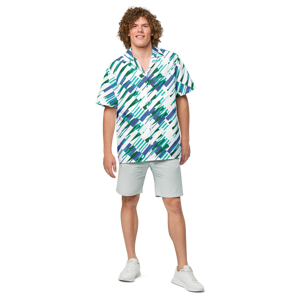 Good Wishes 365 Men's oversized short sleeve button-up shirt with blue and green abstract print, made from recycled polyester.