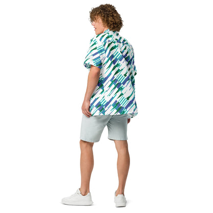 Good Wishes 365 Men's oversized short sleeve button-up shirt with abstract blue and green print. Made from recycled polyester.