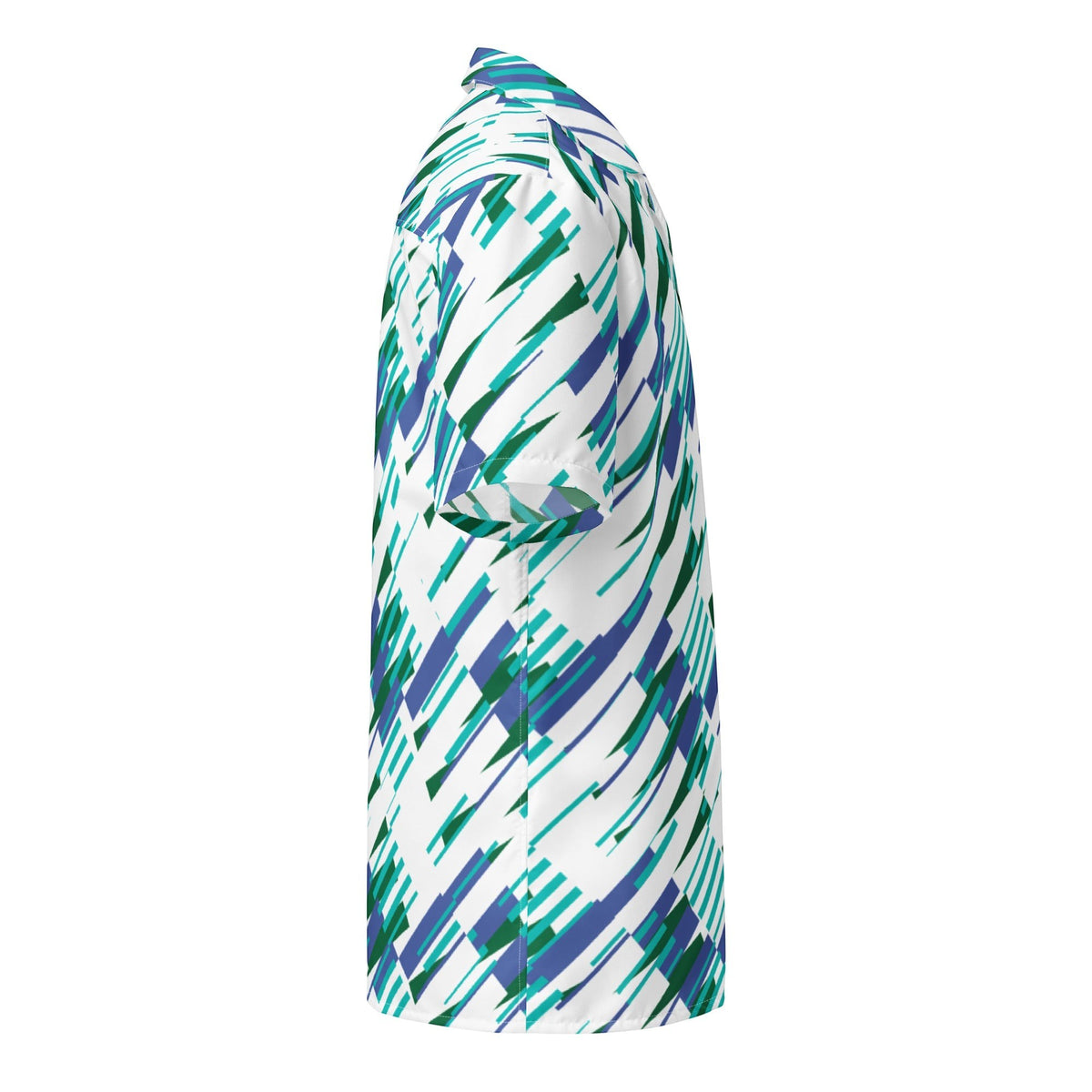 Good Wishes 365 Men's oversized short sleeve button shirt with abstract blue and green print, made from recycled polyester.