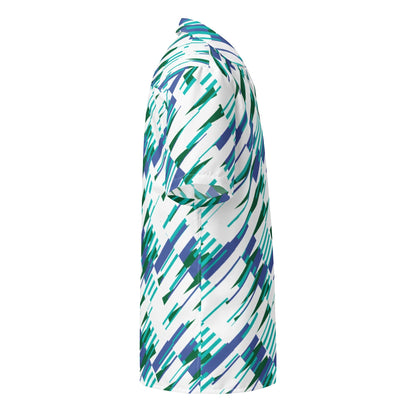 Good Wishes 365 Men's oversized short sleeve button shirt with abstract blue and green print, made from recycled polyester.