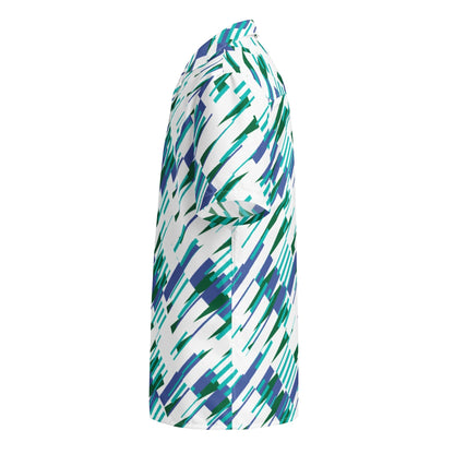 Good Wishes 365 Men's white short sleeve button shirt with abstract blue and green print. Made from recycled polyester.