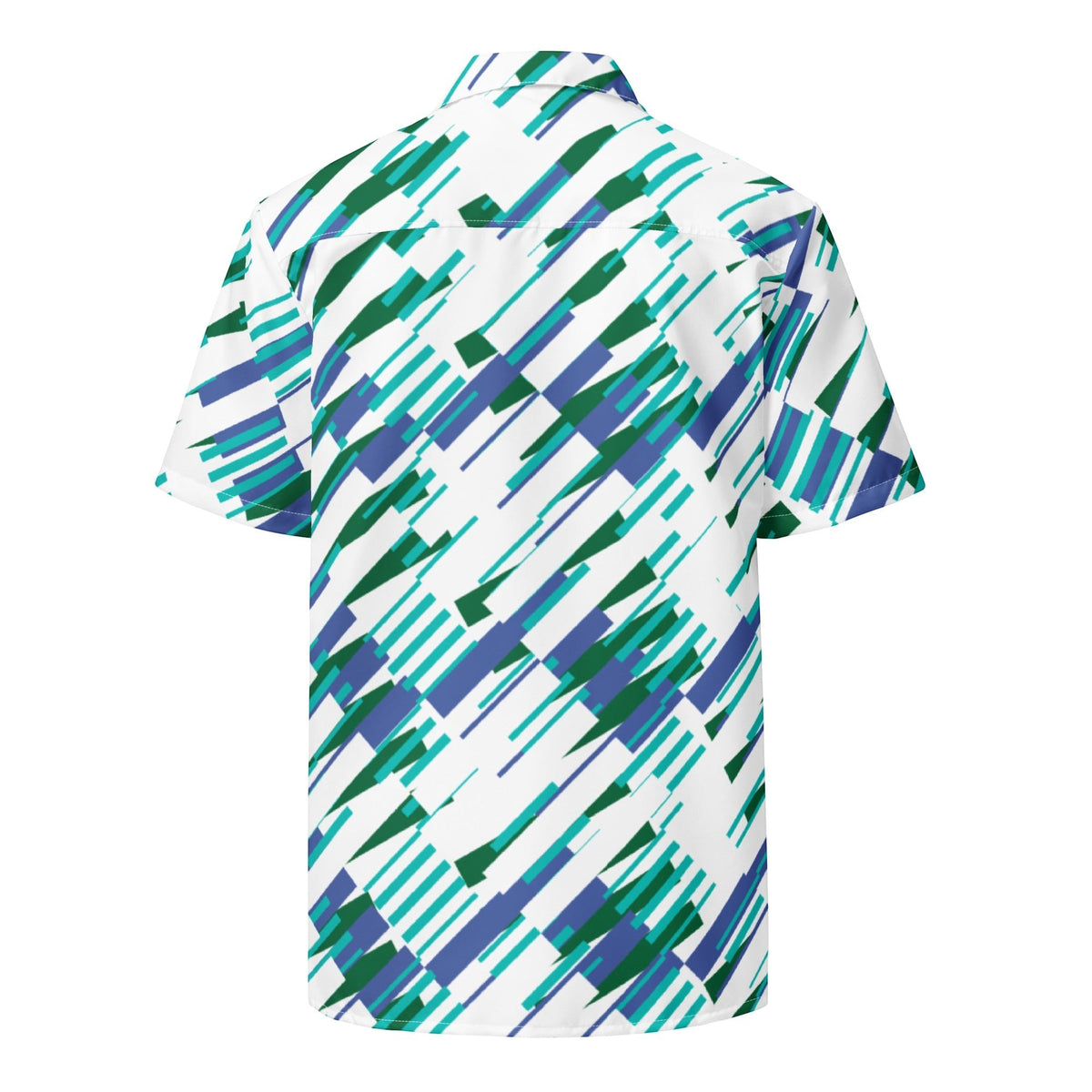 Good Wishes 365 Men’s blue and green abstract print short sleeve button shirt, oversized fit, moisture-wicking.