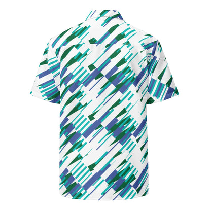 Good Wishes 365 Men’s blue and green abstract print short sleeve button shirt, oversized fit, moisture-wicking.