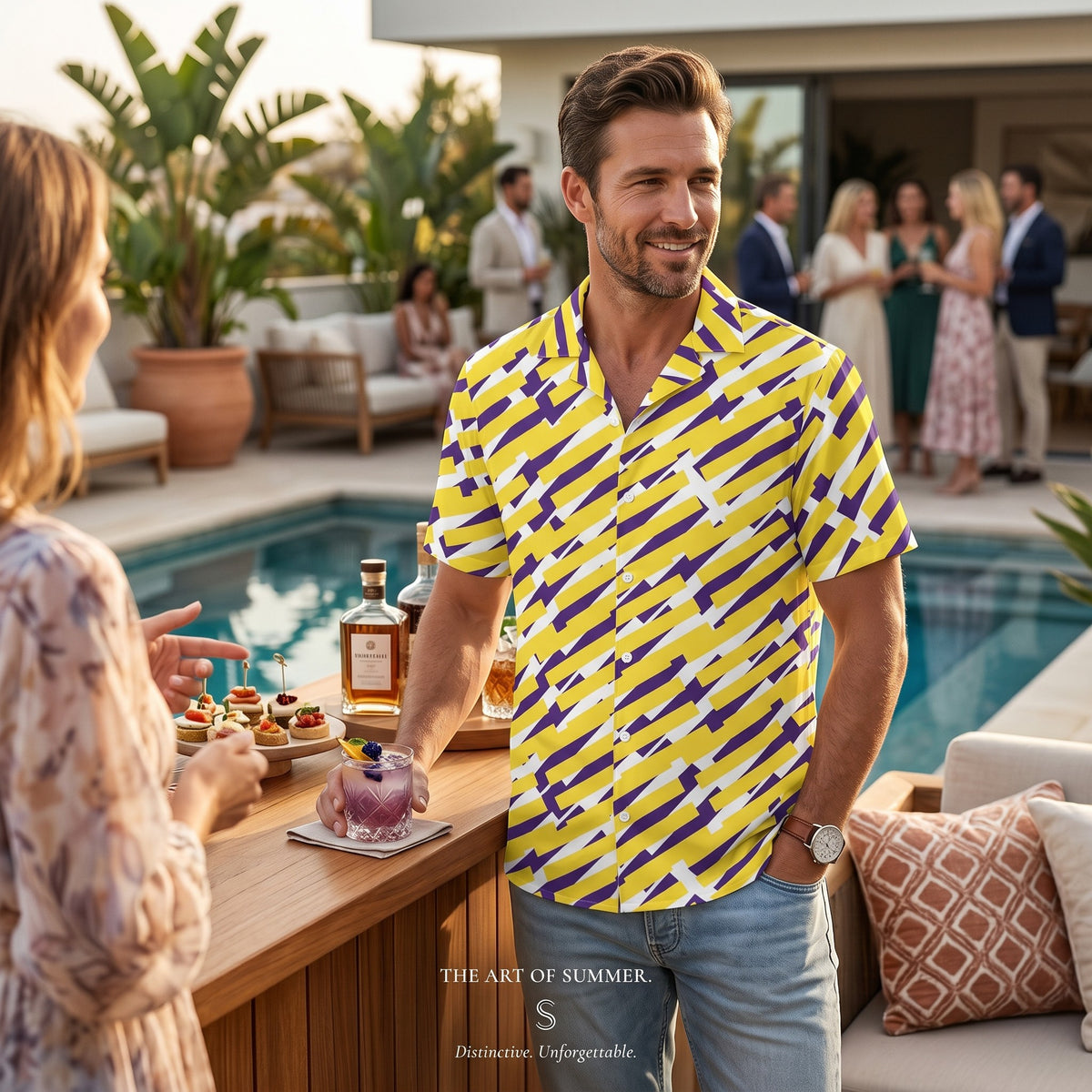 Good Wishes 365 short sleeve button down shirt with yellow and purple geometric print worn by a man at a pool party