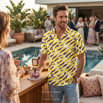 Good Wishes 365 short sleeve button down shirt with yellow and purple geometric print worn by a man at a pool party