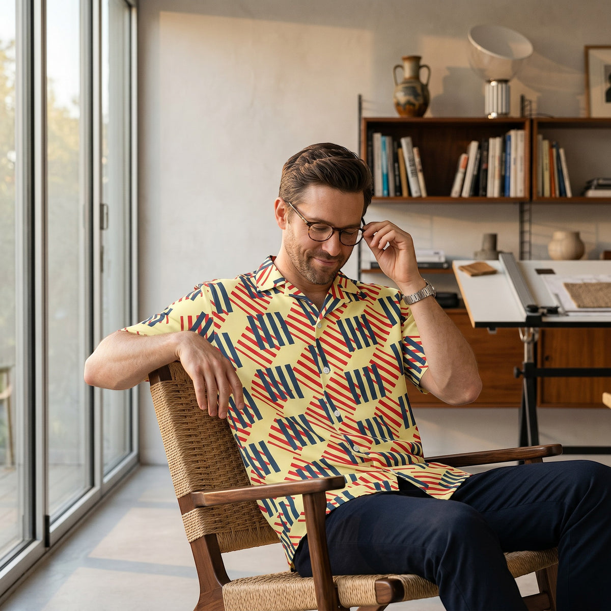 Good Wishes 365 men's short sleeve button-down shirt with a red, navy, and cream geometric pattern and camp collar. All-over print, unisex button shirt. 
