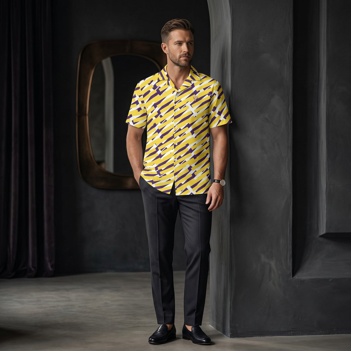 Good Wishes 365 short sleeve button down shirt with yellow and purple geometric print and camp collar on a man