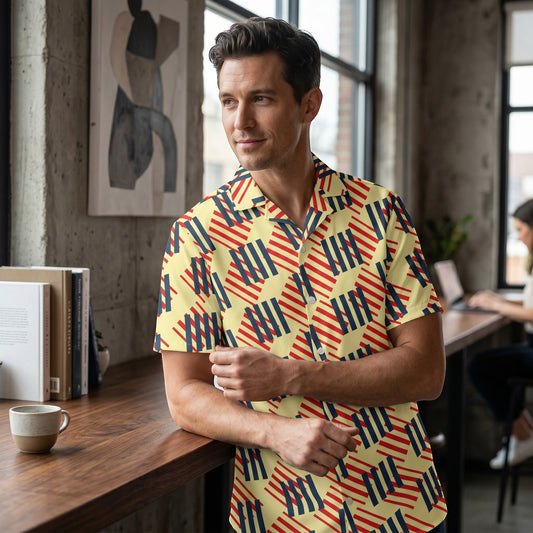 Good Wishes 365 men's short sleeve button-down shirt with a red, navy, and cream geometric pattern and camp collar. All-over print, unisex button shirt.