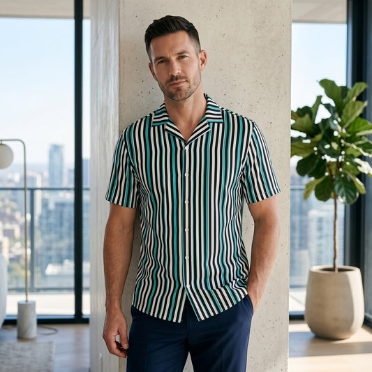 Good Wishes 365 men's teal, black, and white vertical striped short sleeve button-up shirt with a camp collar.