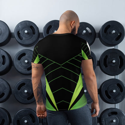 Good Wishes 365 men's black and neon green athletic training shirt with V-line graphic, viewed from the back in a gym.