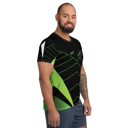 Good Wishes 365 men's black and neon green athletic training shirt with V-line graphic and moisture-wicking fabric.