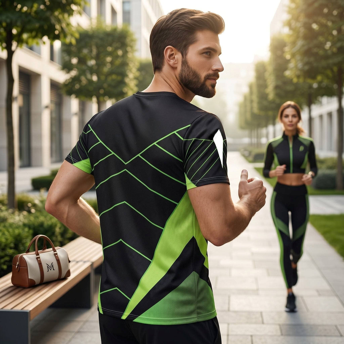 Good Wishes 365 men's black and neon green athletic training shirt with V-line graphic, worn by a man running outdoors.