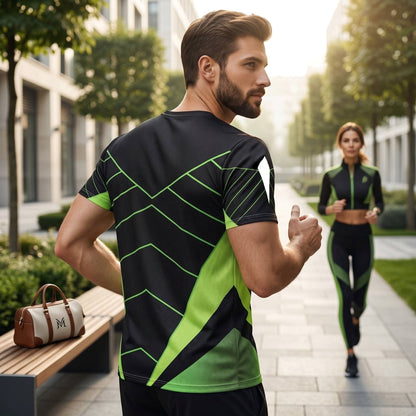 Good Wishes 365 men's black and neon green athletic training shirt with V-line graphic, worn by a man running outdoors.