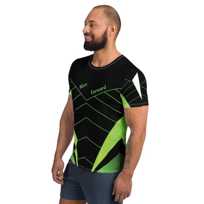 Good Wishes 365 men's black and neon green athletic training shirt with V-line graphic and Move Forward text