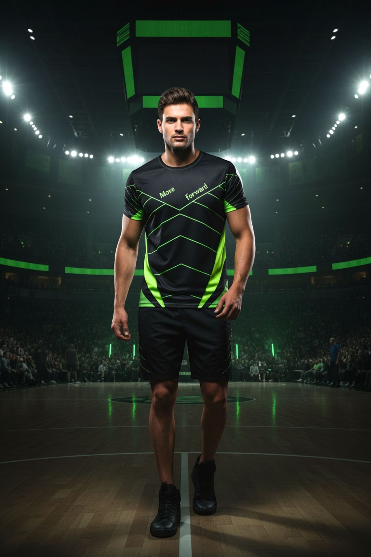 Good Wishes 365 men's athletic training shirt in black and neon green with V-line graphic worn by a male athlete.