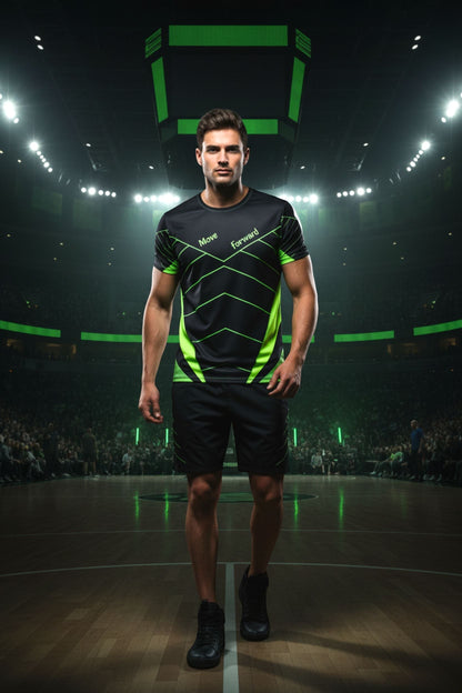 Good Wishes 365 men's athletic training shirt in black and neon green with V-line graphic worn by a male athlete.