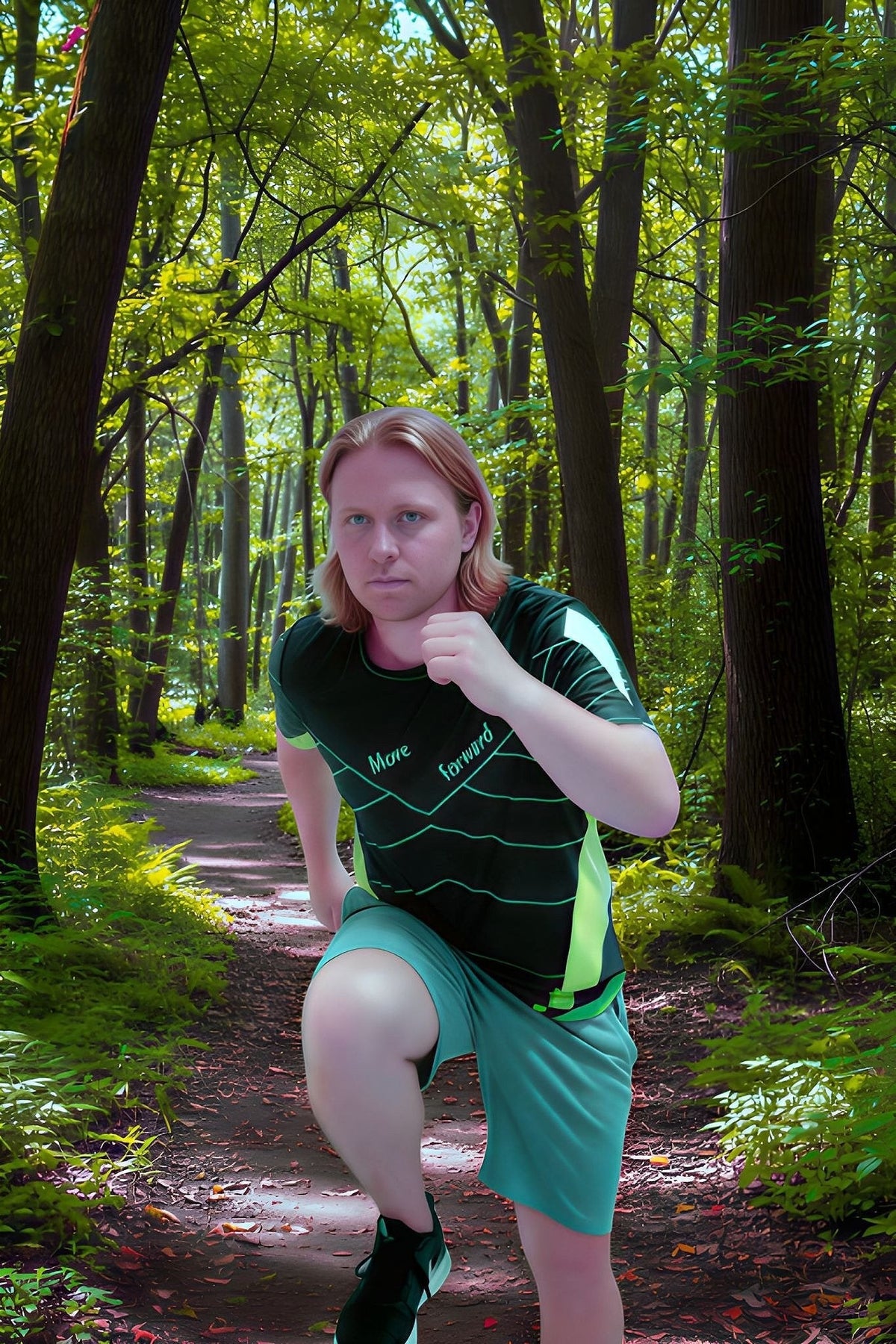 Good Wishes 365 men's black and neon green athletic training shirt with V-line graphic worn by a runner in a forest