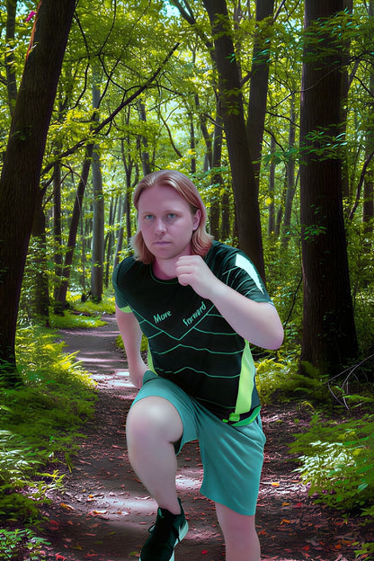 Good Wishes 365 men's black and neon green athletic training shirt with V-line graphic worn by a runner in a forest