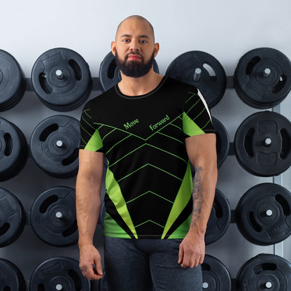 Good Wishes 365 men's black and neon green athletic training shirt with V-line graphic worn by a man in a gym.