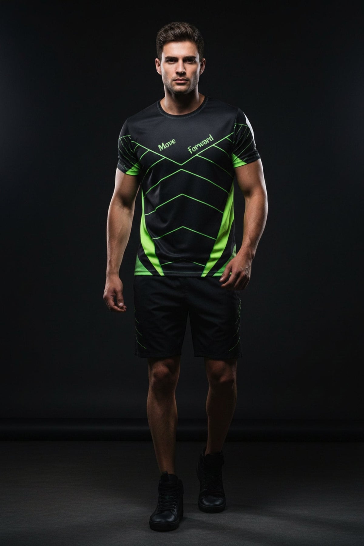 Good Wishes 365 men's black and neon green athletic training shirt with V-line graphic on a male model