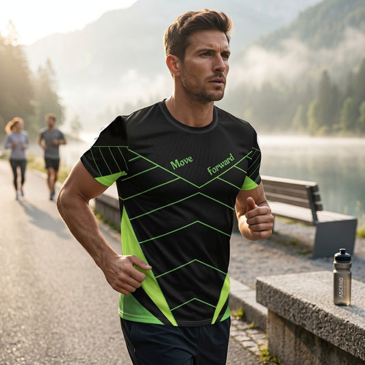 Good Wishes 365 men's black and neon green athletic training shirt with V-line graphic worn by a man running outdoors.