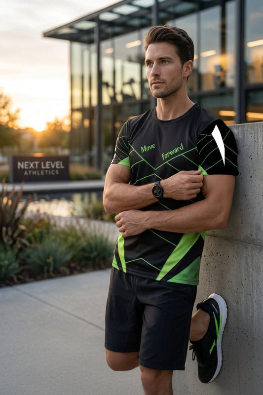 Good Wishes 365 men's black and neon green athletic training shirt with V-line graphic worn by a man at the gym.