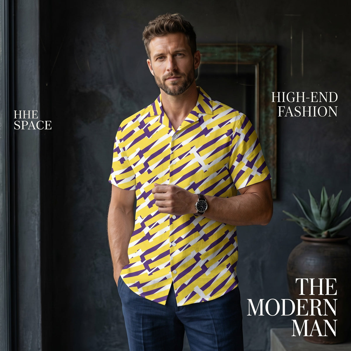 Good Wishes 365 short sleeve button down shirt with yellow and purple geometric print and camp collar on a male model